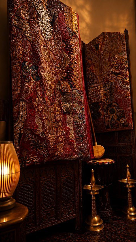 A Vastra tapestry hung beside a brass lamp